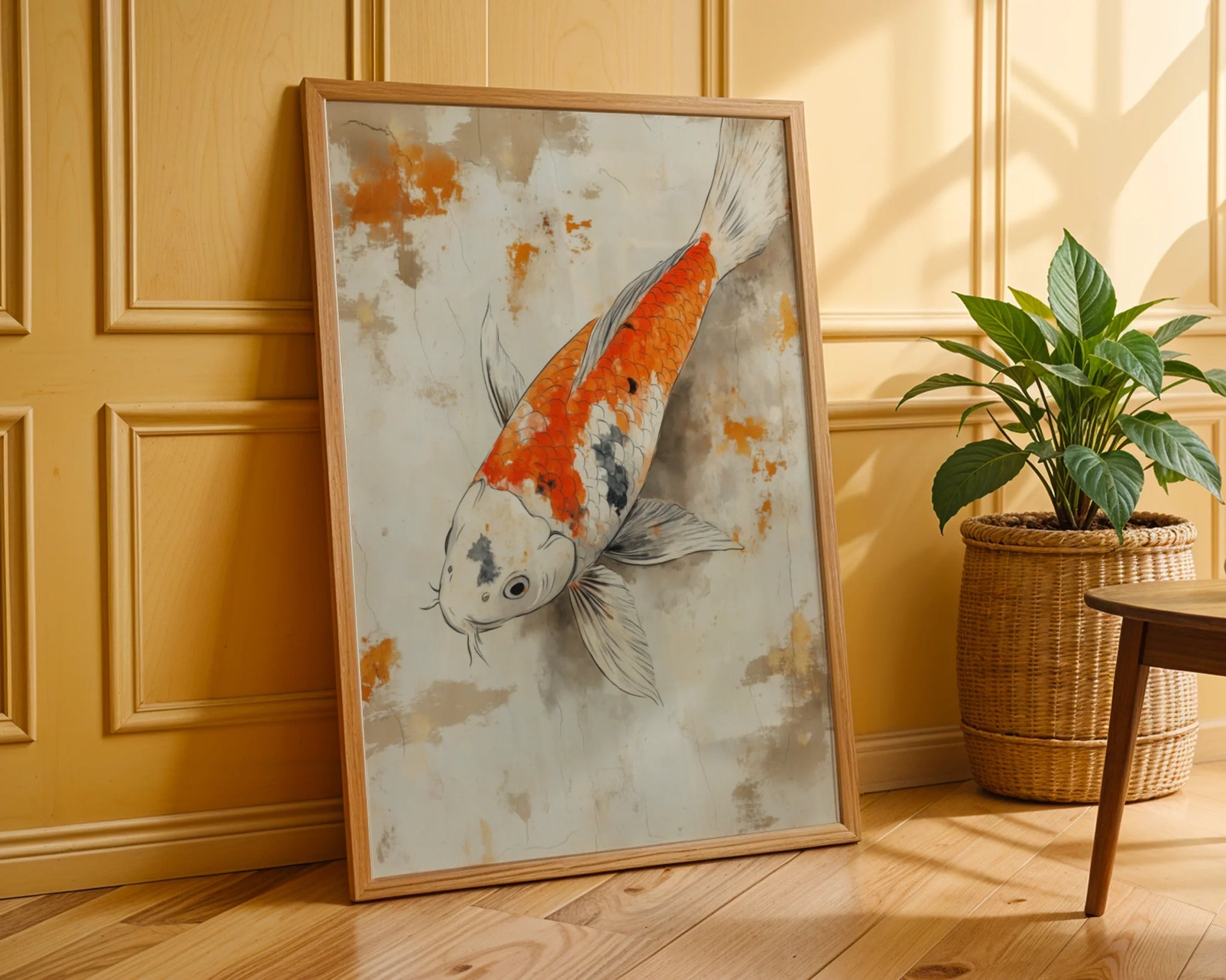 Japanese Koi Painting Weathered Parchment Canvas Wall Art — Scandinavian dining area with oriental brushwork canvas showcasing swimming carp for peaceful home accents
