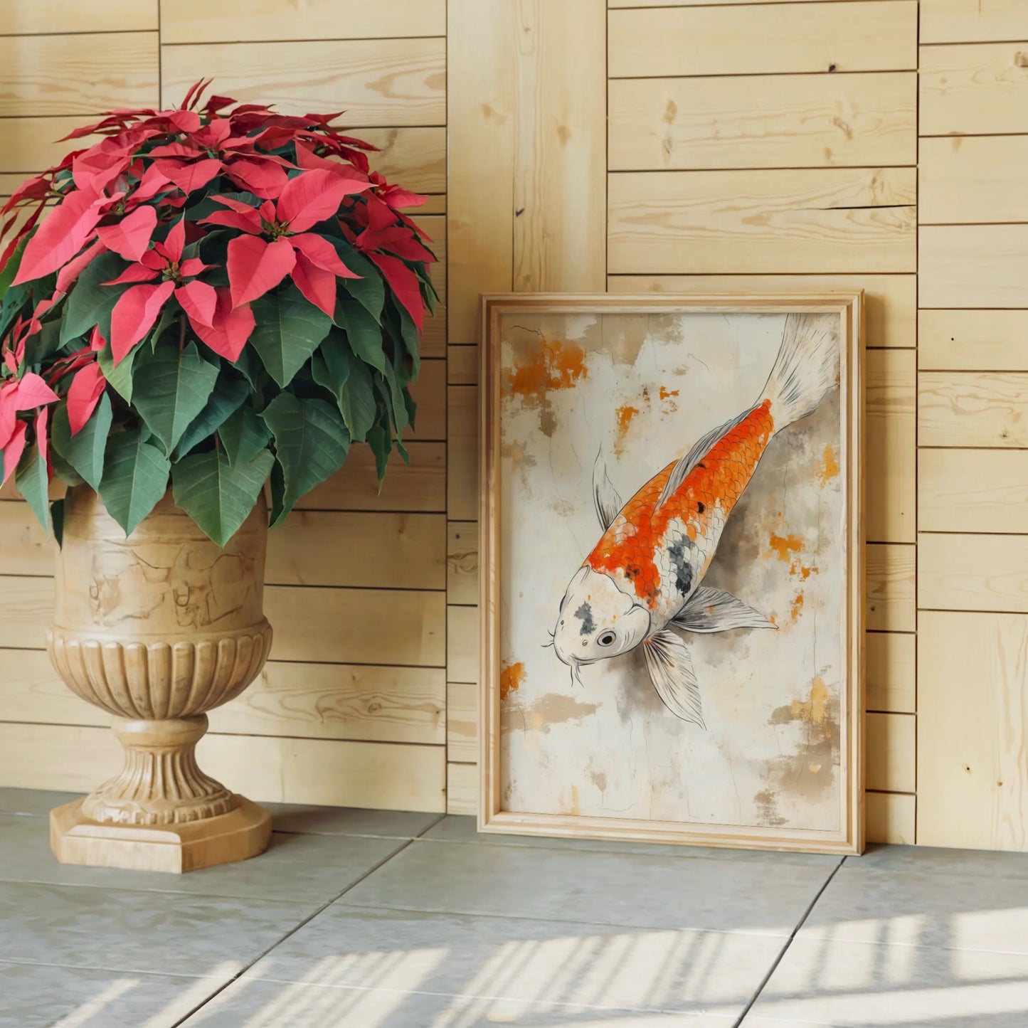 Japanese Koi Painting Weathered Parchment Canvas Wall Art — Simple bedroom setup featuring distressed fish artwork with mountain temple aesthetics for calm spaces