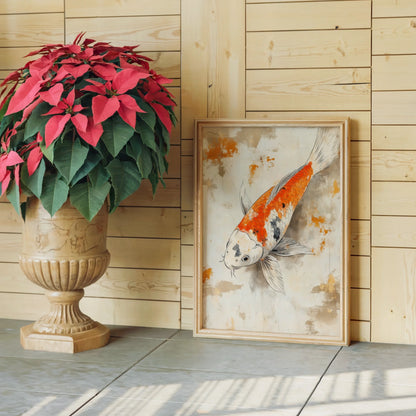 Japanese Koi Painting Weathered Parchment Canvas Wall Art — Simple bedroom setup featuring distressed fish artwork with mountain temple aesthetics for calm spaces
