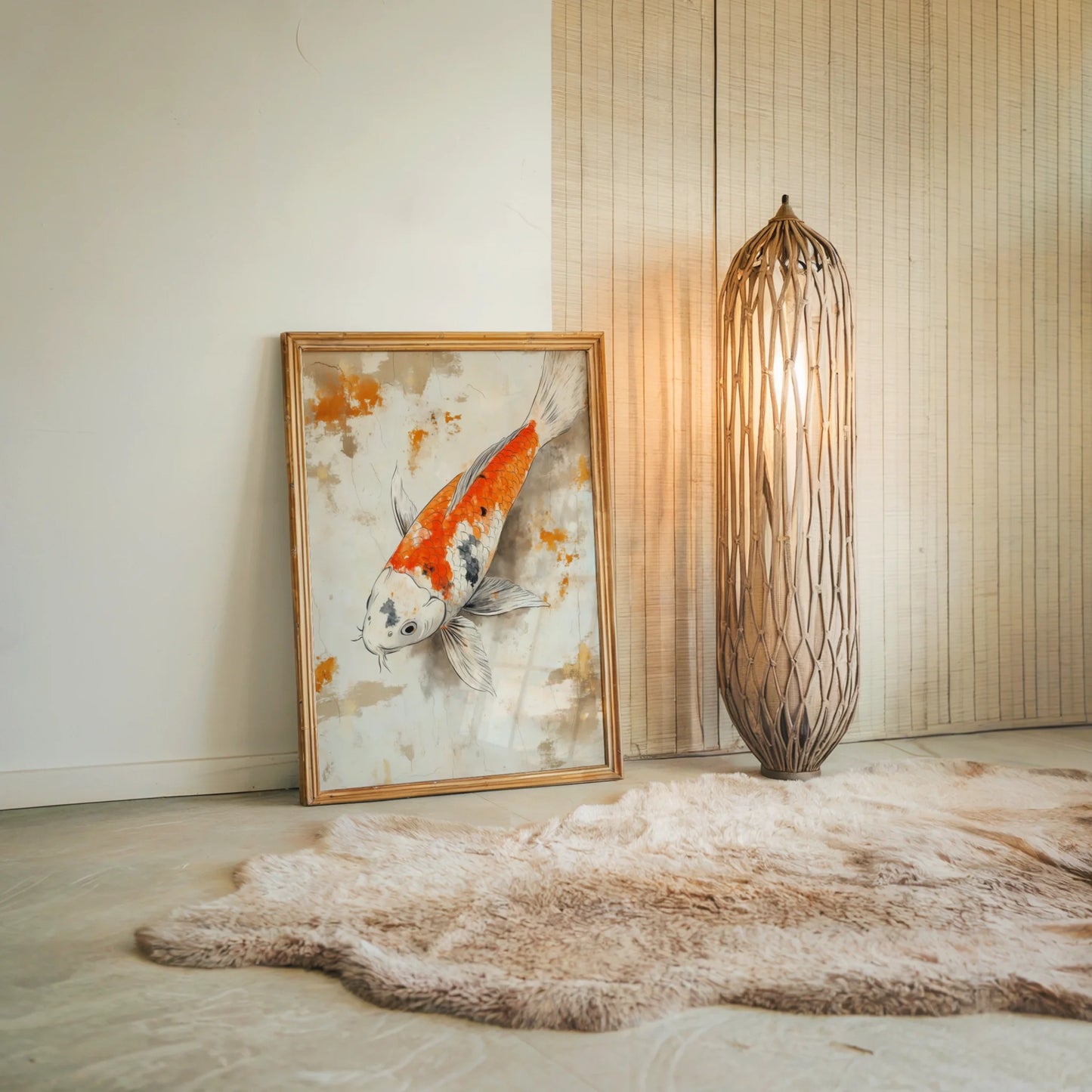 Japanese Koi Painting Weathered Parchment Canvas Wall Art — Burnt orange fish canvas with raised texture creating dramatic focal point in neutral home interiors