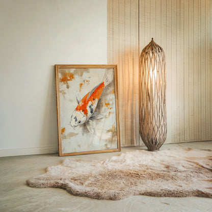 Japanese Koi Painting Weathered Parchment Canvas Wall Art — Burnt orange fish canvas with raised texture creating dramatic focal point in neutral home interiors