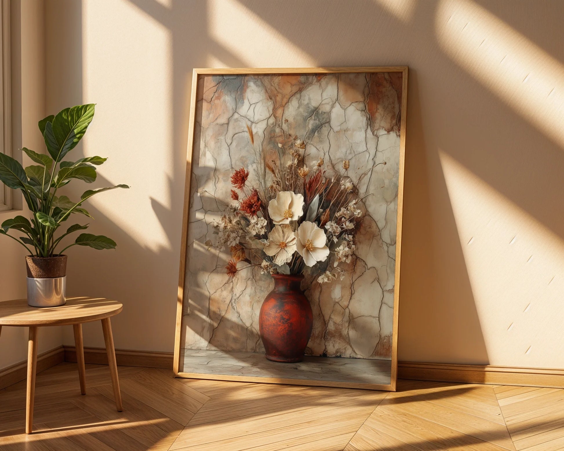 Rustic Floral Art Dried Blooms Cracked Earth in room