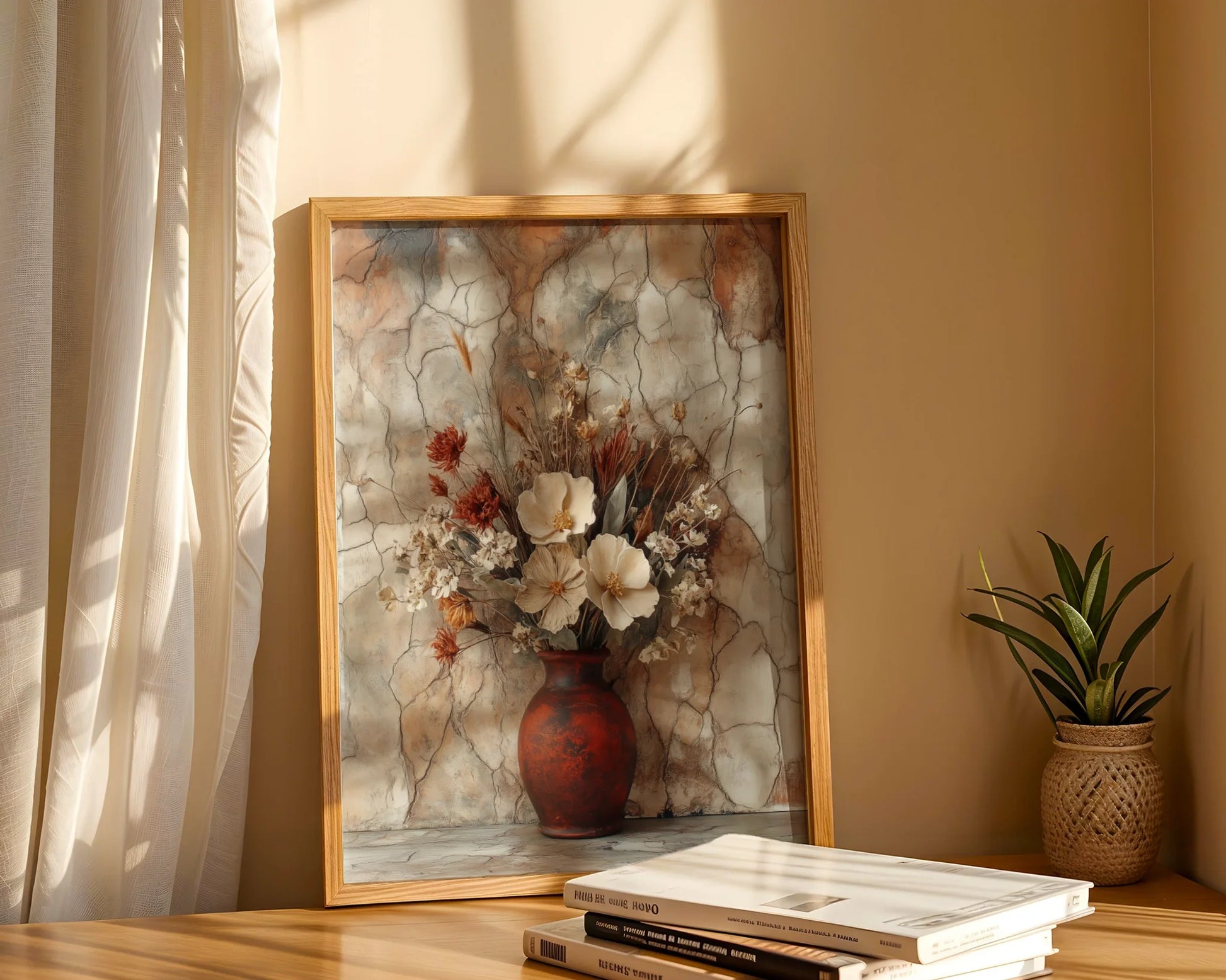 Rustic Floral Art Dried Blooms Cracked Earth in room