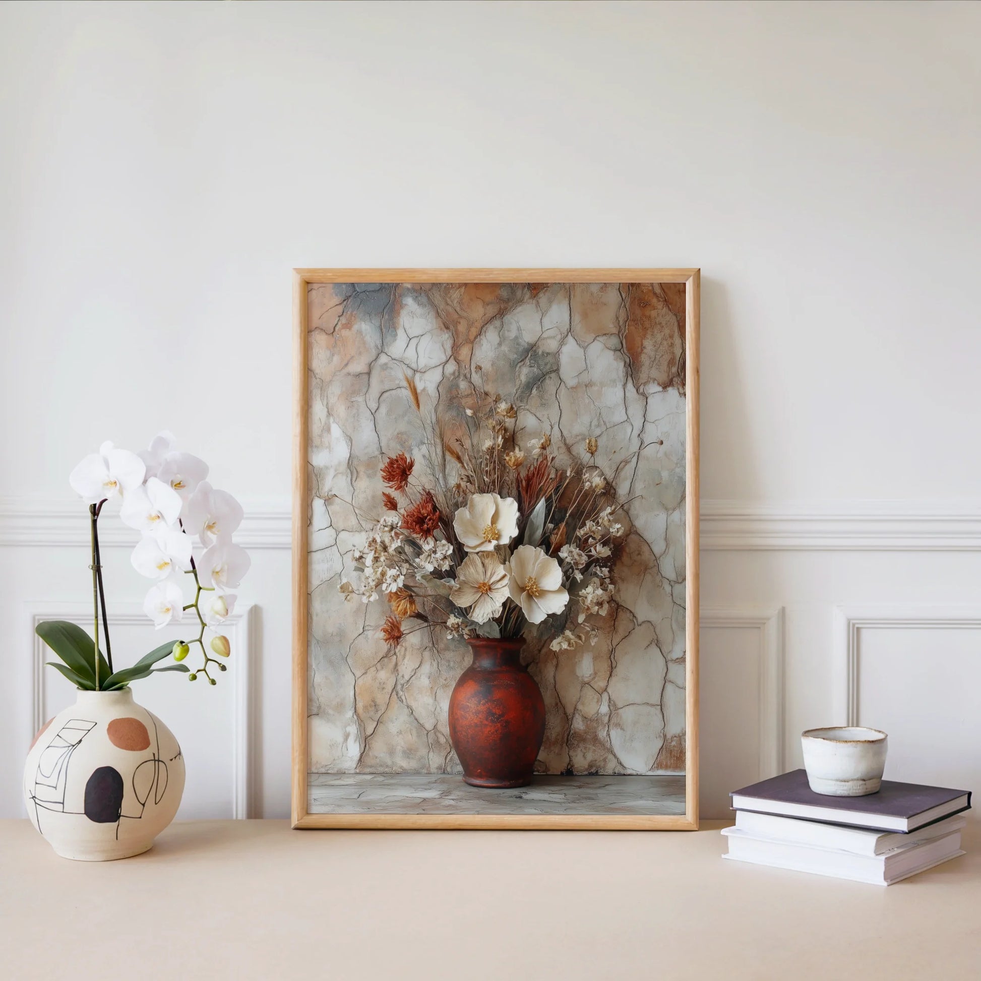 Rustic Floral Art Dried Blooms Cracked Earth Canvas Wall Art — Burnt sienna and cream botanical canvas creating rich textural contrast in neutral spaces