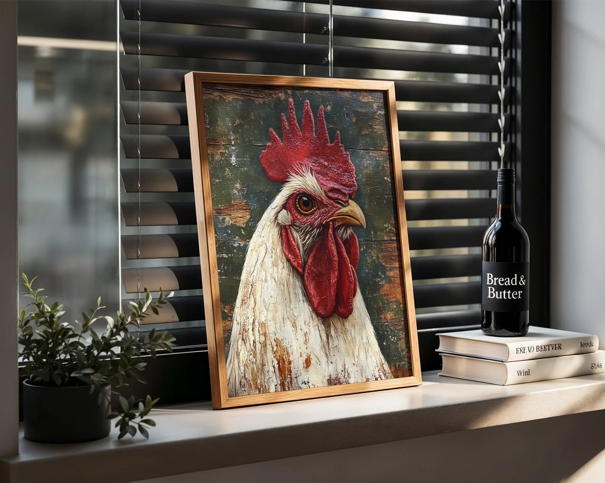 Rustic Rooster Art Distressed Barn Wood Canvas Wall Art — Pastoral bird portrait with aged wood grain finish displayed in countryside home decor setting