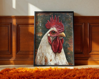 Rustic Rooster Art Distressed Barn Wood Canvas Wall Art — Hand-painted cockerel artwork featuring chipped paint layers for authentic ranch house styling