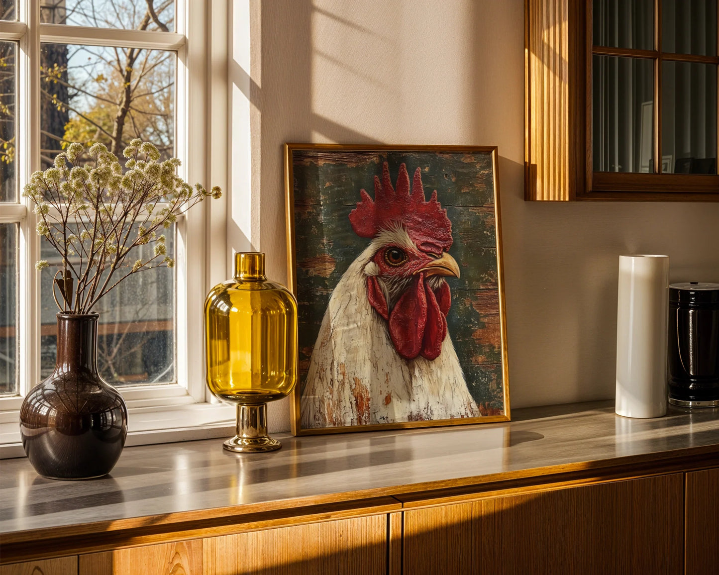 Rustic Rooster Art Distressed Barn Wood Canvas Wall Art — Heritage poultry canvas with peeling patina displayed in traditional homestead interior design