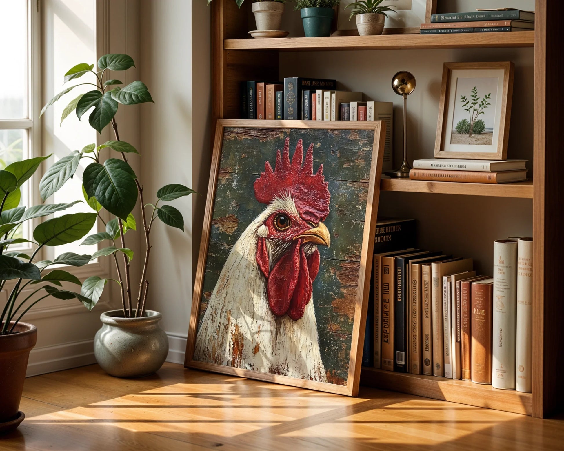 Rustic Rooster Art Distressed Barn Wood Canvas Wall Art — Antiqued fowl portrait canvas art showcased in classic pastoral home decorating scheme