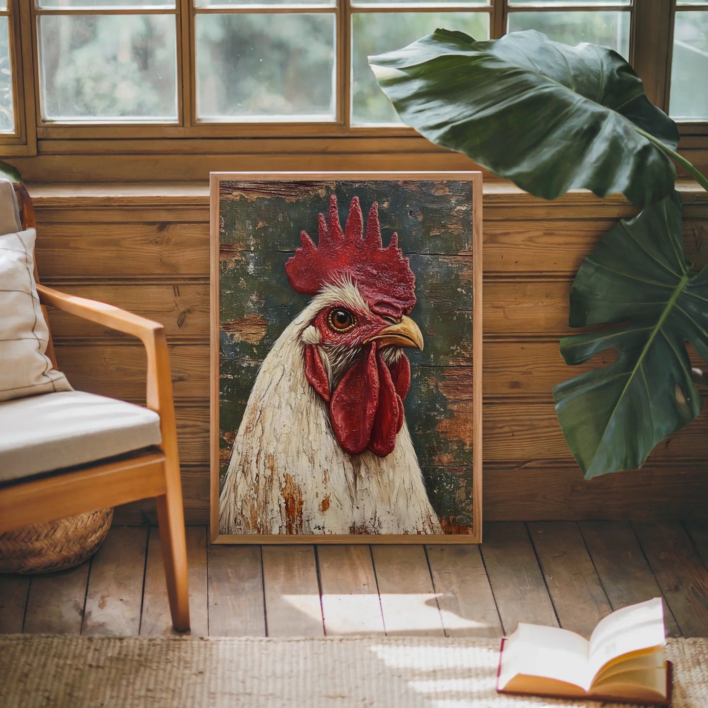 Rustic Rooster Art Distressed Barn Wood Canvas Wall Art — Crackled bird painting with worn finish texture mounted in cottage style room display