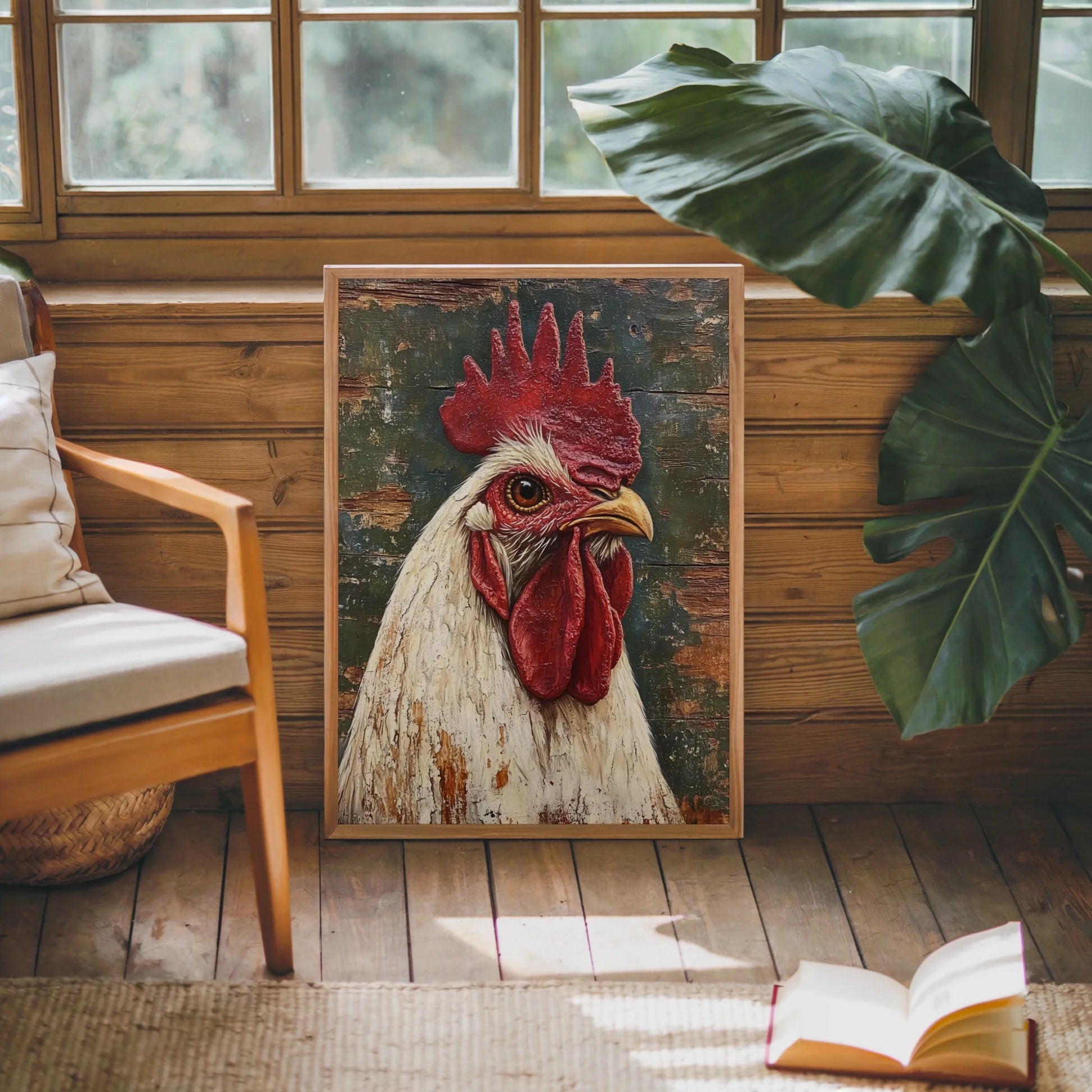 Rustic Rooster Art Distressed Barn Wood Canvas Wall Art — Crackled bird painting with worn finish texture mounted in cottage style room display