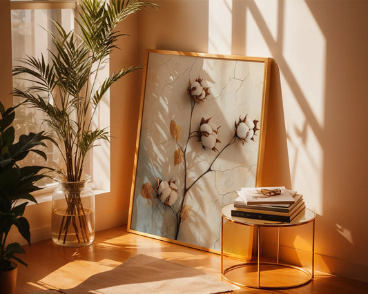 Cotton Branch Wall Art Boho Farmhouse Cracked Plaster Canvas — Bohemian canvas showcasing fluffy cotton stems emerging from aged bark for organic home styling