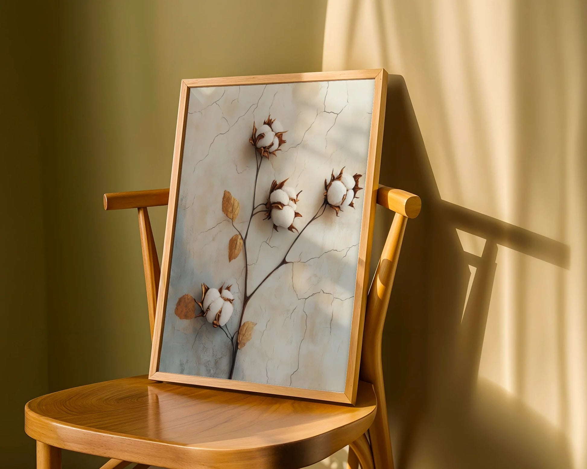 Cotton Branch Wall Art Boho Farmhouse Cracked Plaster Canvas — Countryside-inspired artwork featuring cotton pods on textured branches for authentic farmhouse spaces