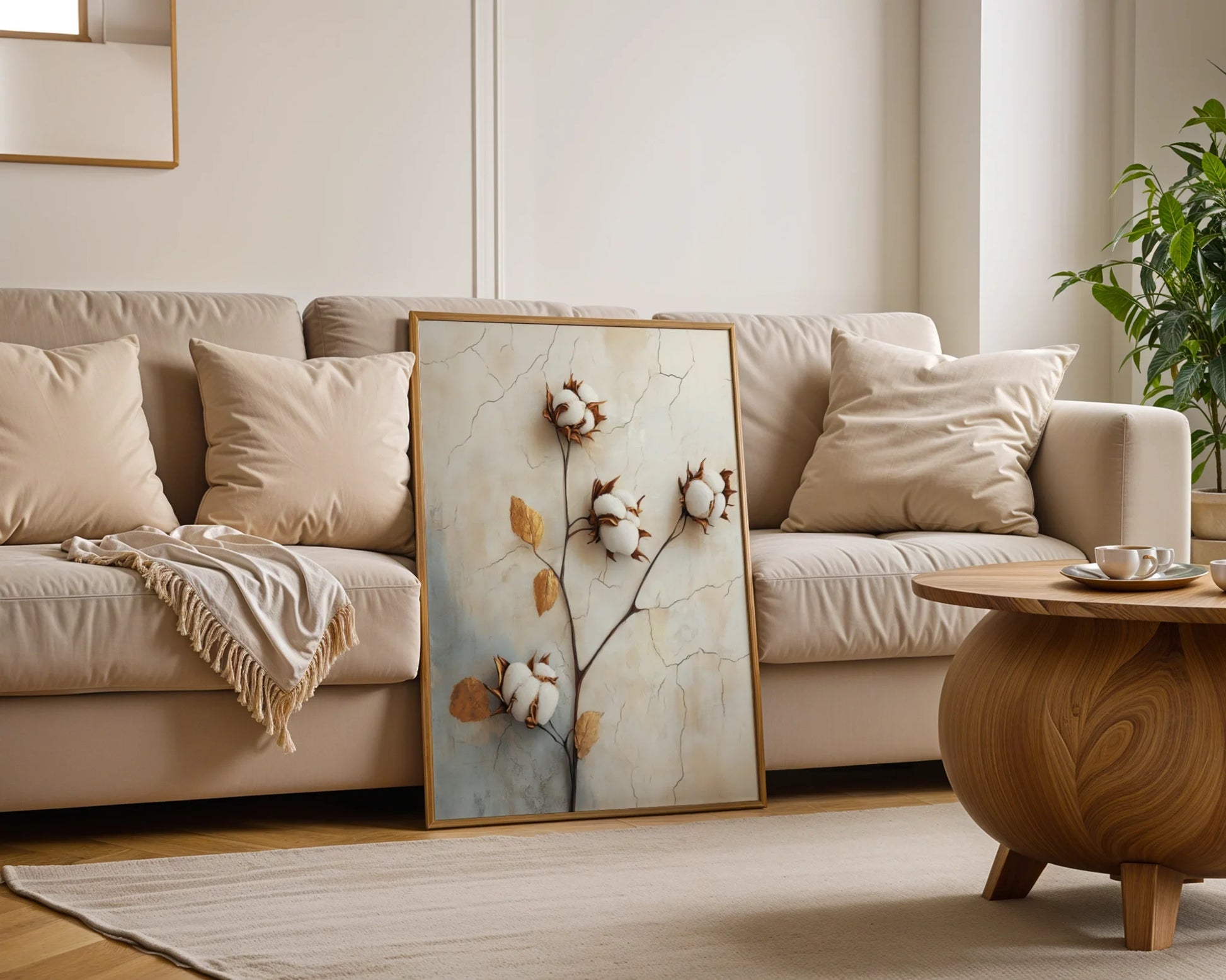 Cotton Branch Wall Art Boho Farmhouse Cracked Plaster Canvas — Nature-themed wall piece with dried cotton stems on cracked surfaces for vintage-loving interiors