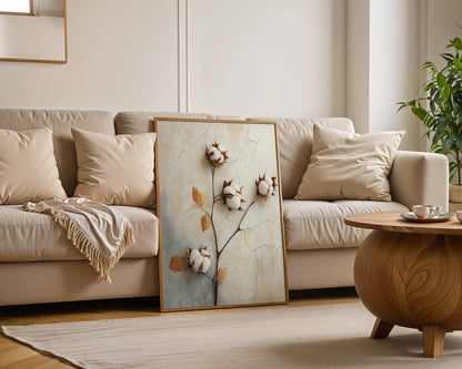 Cotton Branch Wall Art Boho Farmhouse Cracked Plaster Canvas — Nature-themed wall piece with dried cotton stems on cracked surfaces for vintage-loving interiors