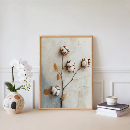 Cotton Branch Wall Art Boho Farmhouse Cracked Plaster Canvas — Free-spirited canvas art showing cotton bursts from gnarled branches for eclectic home design
