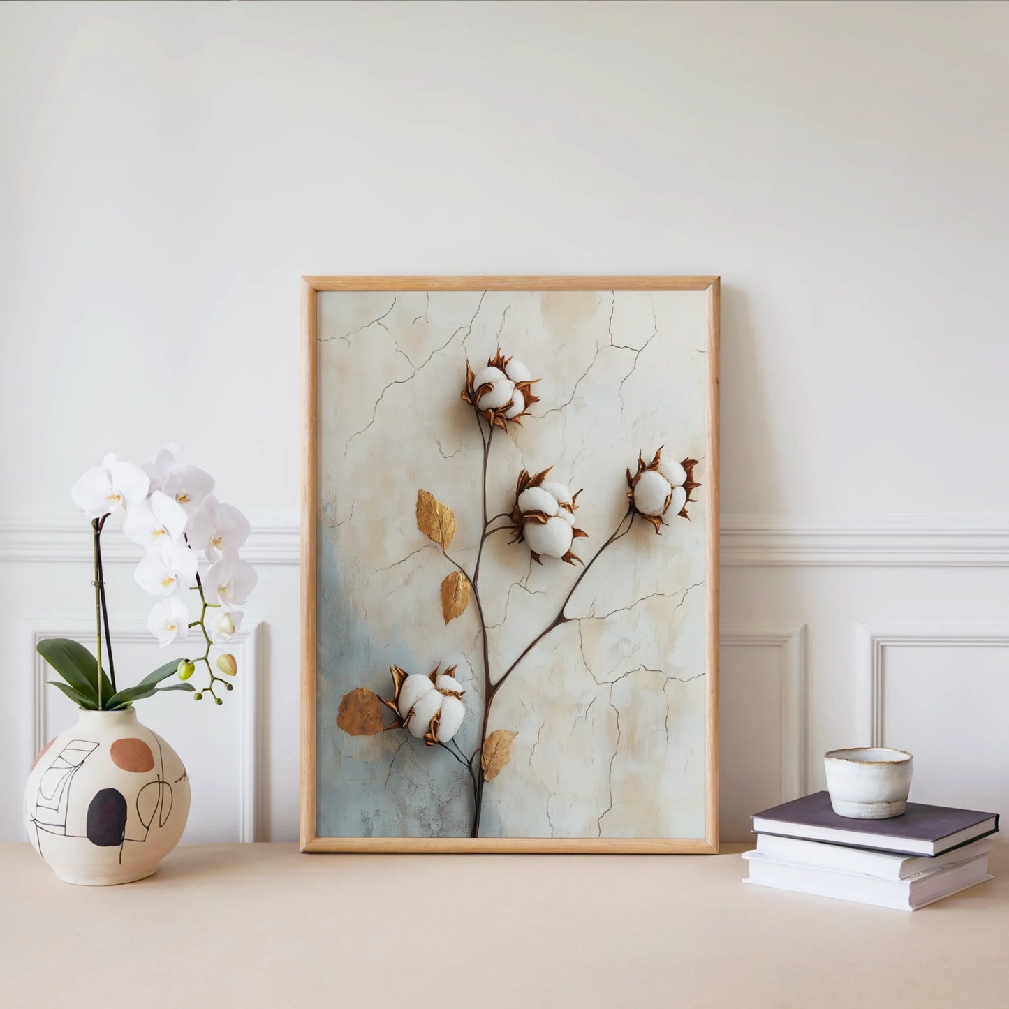 Cotton Branch Boho Farmhouse Cracked Plaster in room
