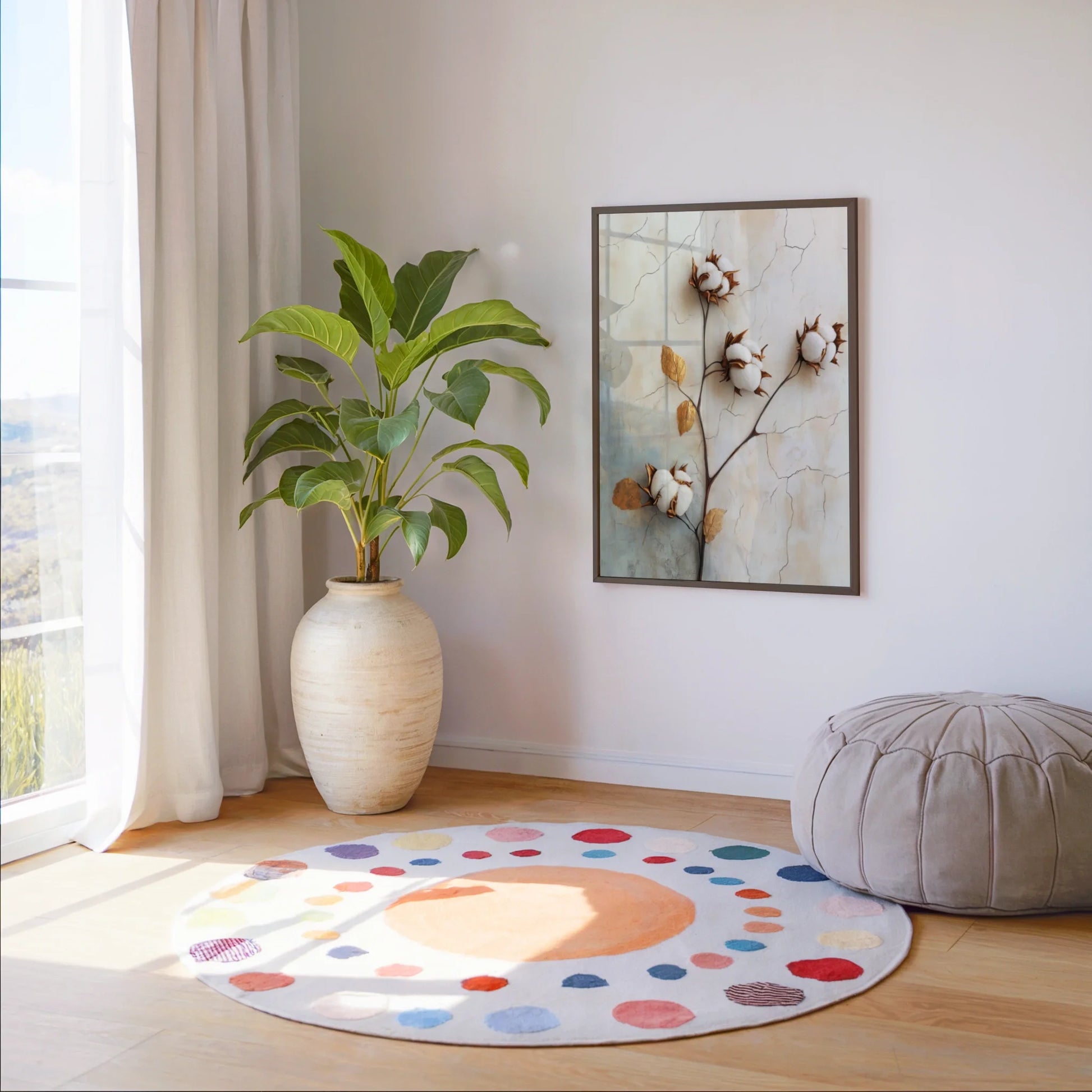 Cotton Branch Wall Art Boho Farmhouse Cracked Plaster Canvas — Cream and amber canvas print featuring soft cotton textures against rough bark surfaces