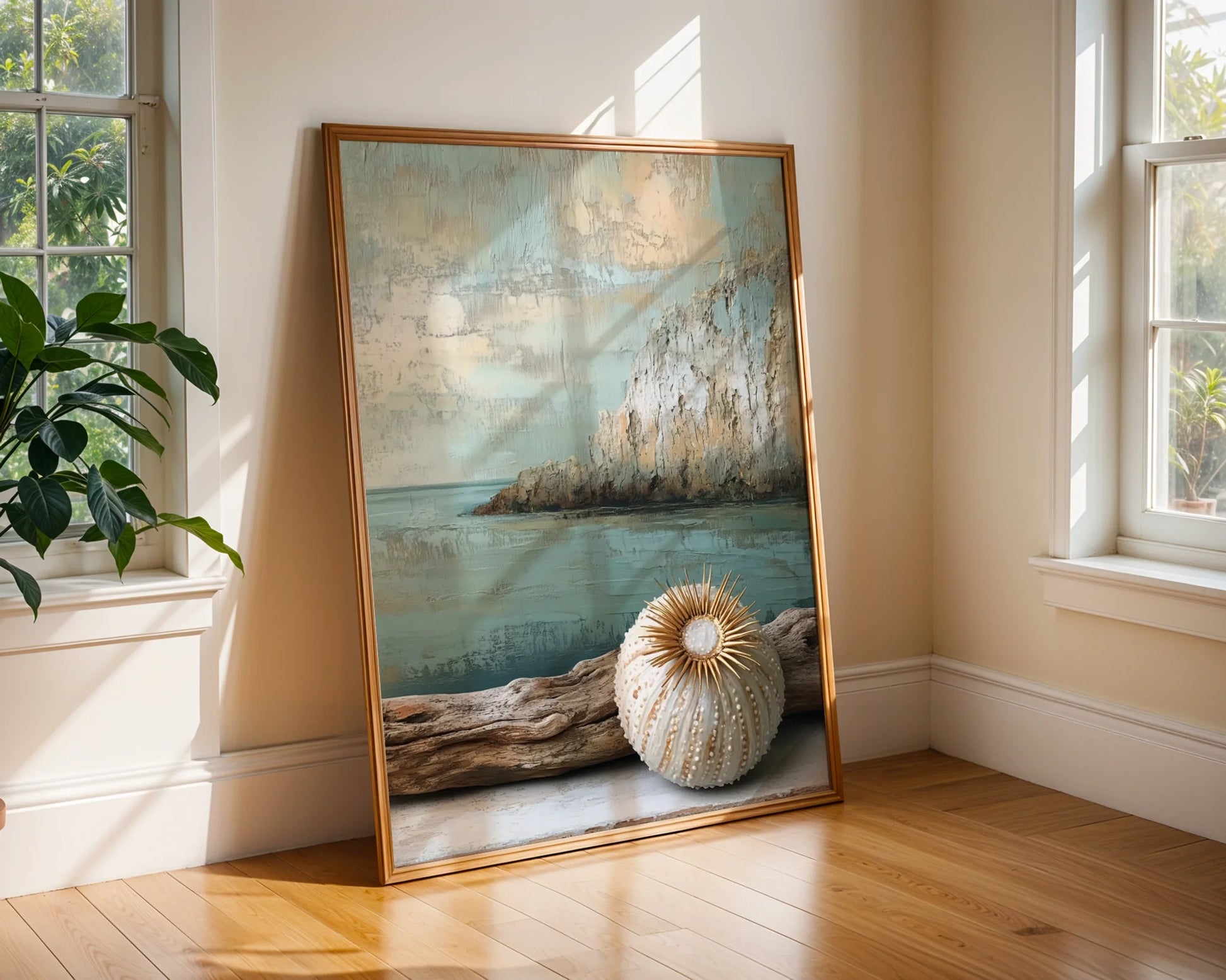 Coastal Sea Urchin Shell Gold Spines Textured Canvas Wall Art — Boho living space featuring neutral-toned oceanic specimen print with natural texture for eclectic homes