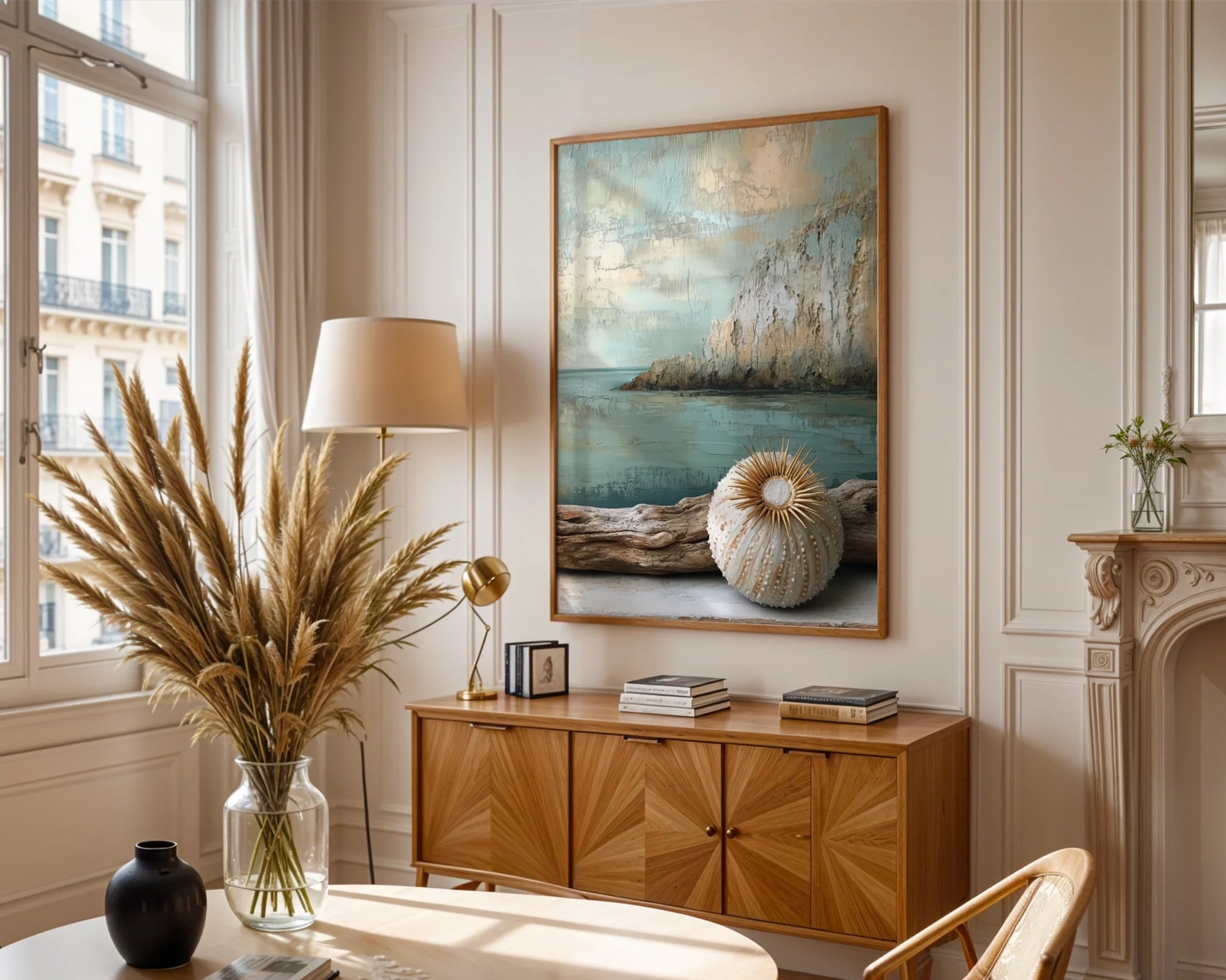 Coastal Sea Urchin Shell Gold Spines Textured Canvas Wall Art — Rustic farmhouse entryway with vintage-inspired tidepool creature canvas for cottage-style decorating