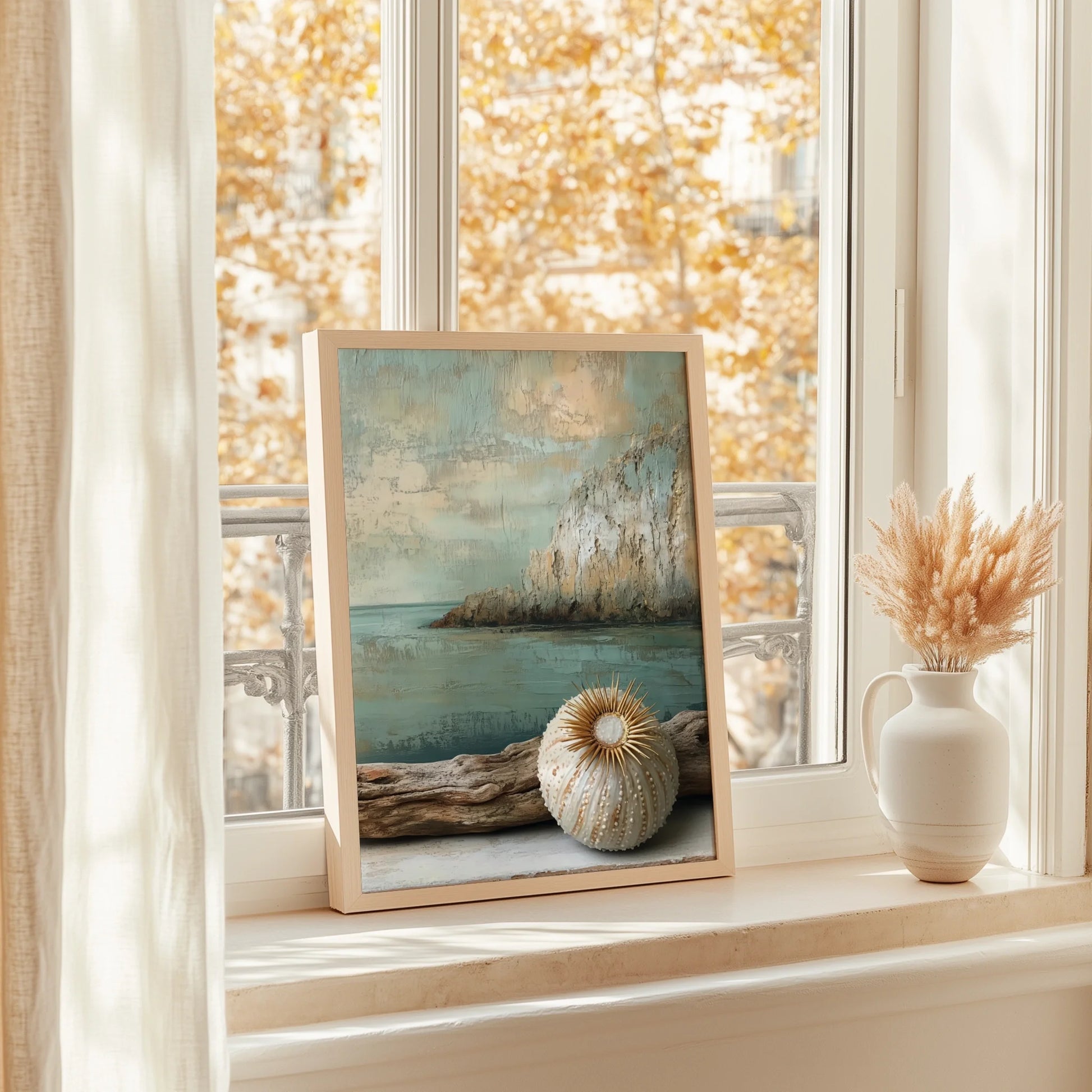Coastal Sea Urchin Shell Gold Spines Textured Canvas Wall Art — Industrial loft bedroom featuring abstract shoreline fossil art with metallic highlights for urban spaces