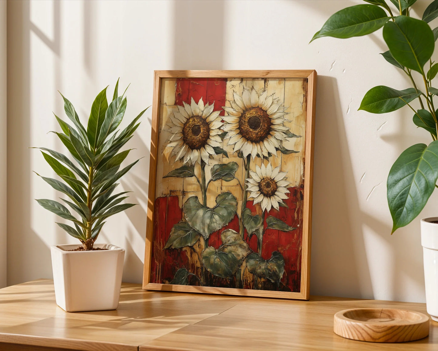 Rustic Sunflower Art Three Blooms Barn Wood Canvas Wall Art — Canvas displaying three faded blooms on reclaimed timber backdrop for cottage home decor enthusiasts