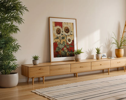 Rustic Sunflower Art Three Blooms Barn Wood in room