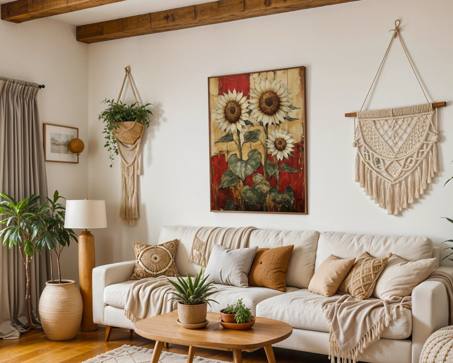 Rustic Sunflower Art Three Blooms Barn Wood Canvas Wall Art — Antique-inspired floral canvas featuring sun-bleached petals on barn siding for heritage home styling