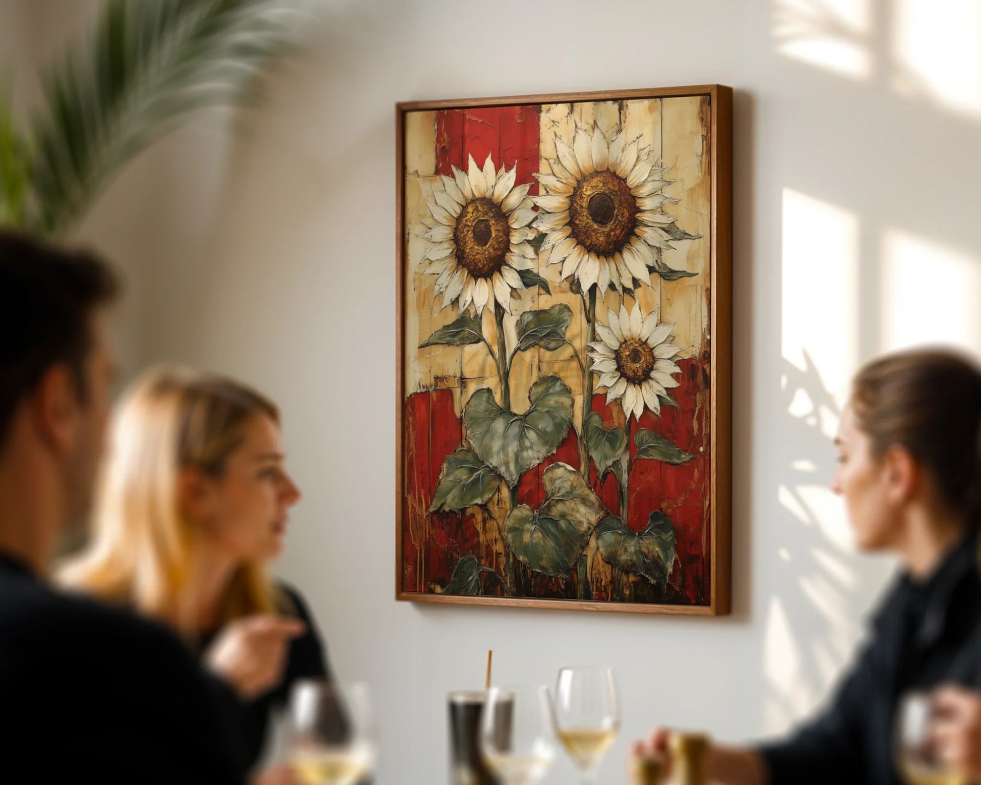 Rustic Sunflower Art Three Blooms Barn Wood in room