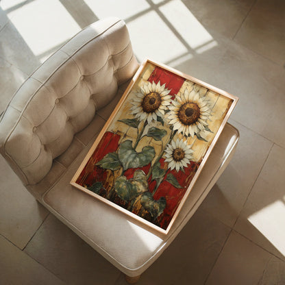 Rustic Sunflower Art Three Blooms Barn Wood Canvas Wall Art — Shabby chic canvas art displaying wilted garden blooms on rough-hewn lumber for cottage aesthetics