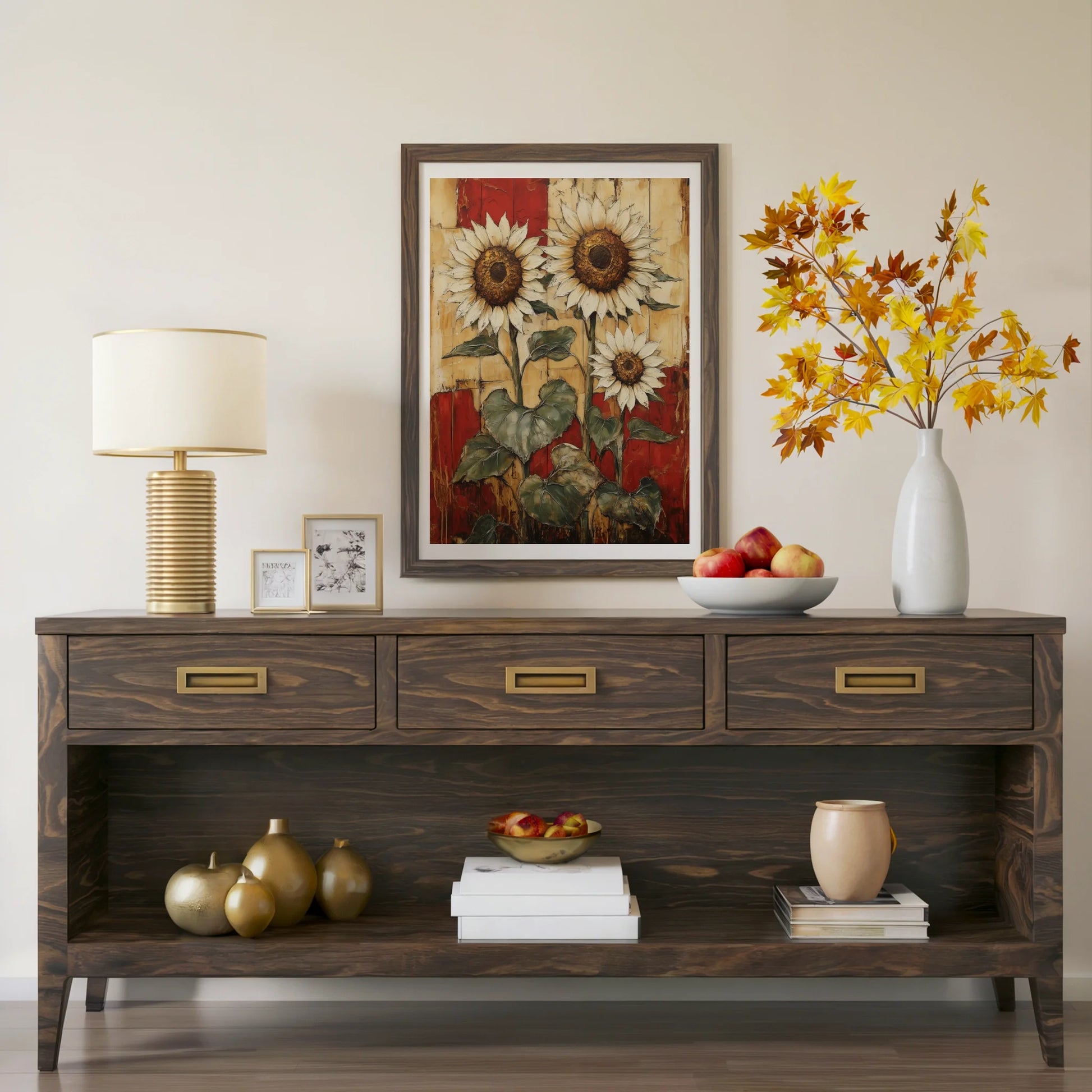 Rustic Sunflower Art Three Blooms Barn Wood in room