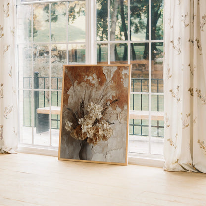 Dried Hydrangea Wall Art Boho Farmhouse Canvas Print — Seasonal harvest canvas displaying golden florals and field grasses for contemporary home styling