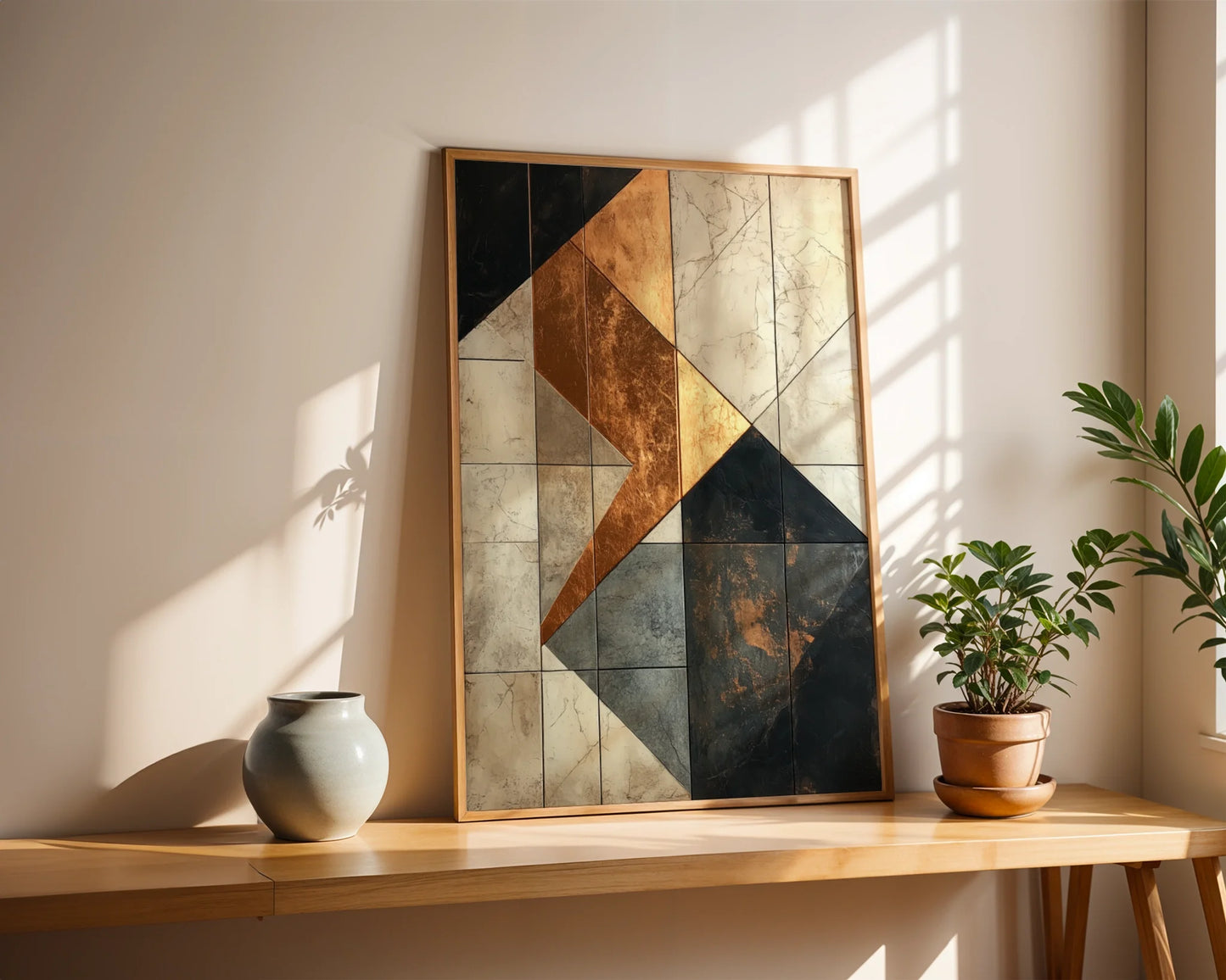 Geometric Marble Copper Abstract Suspended Fragments Canvas Art — Minimalist interior featuring angular stone fragments canvas artwork for contemporary home styling
