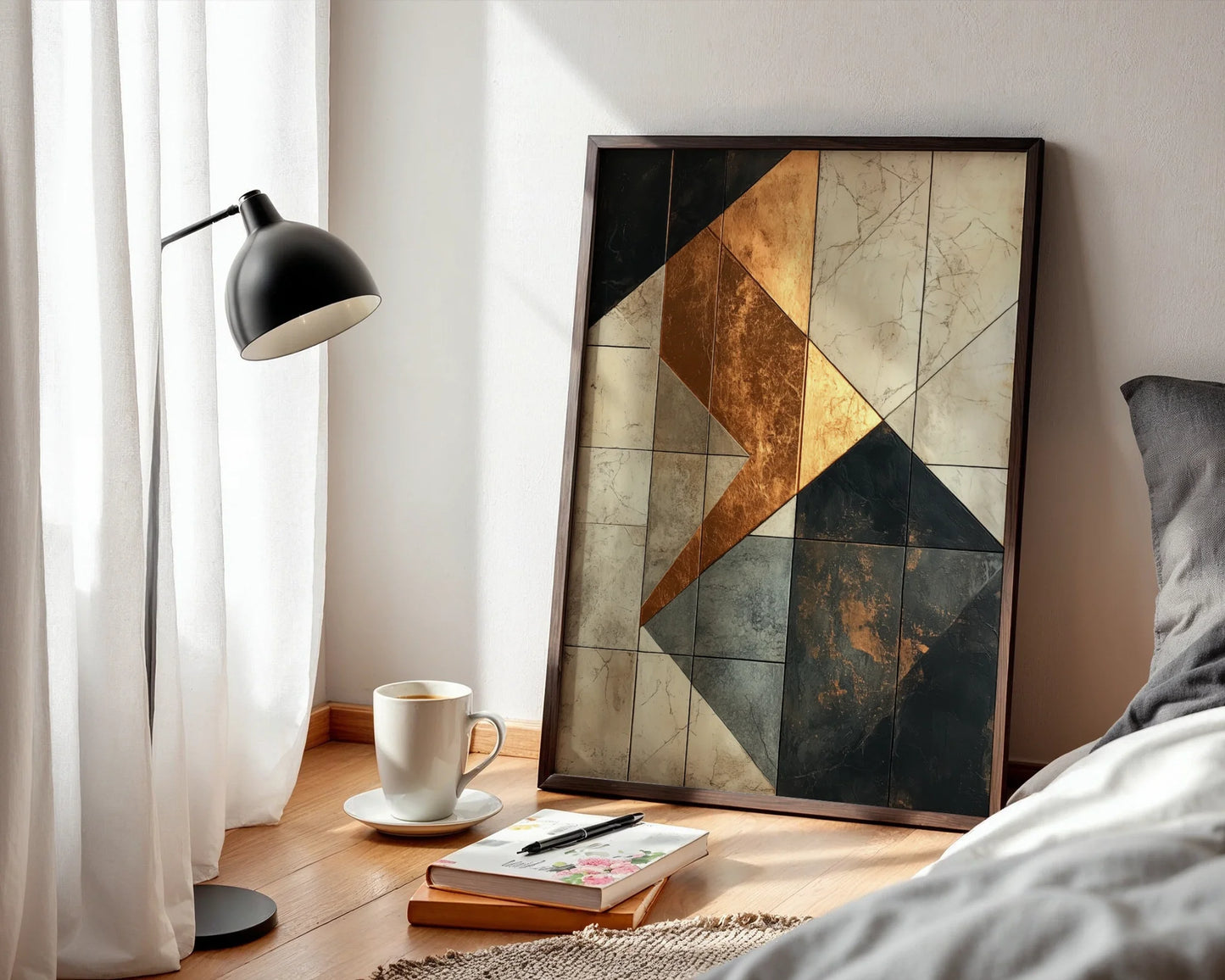 Geometric Marble Copper Abstract Suspended Fragments Art in room