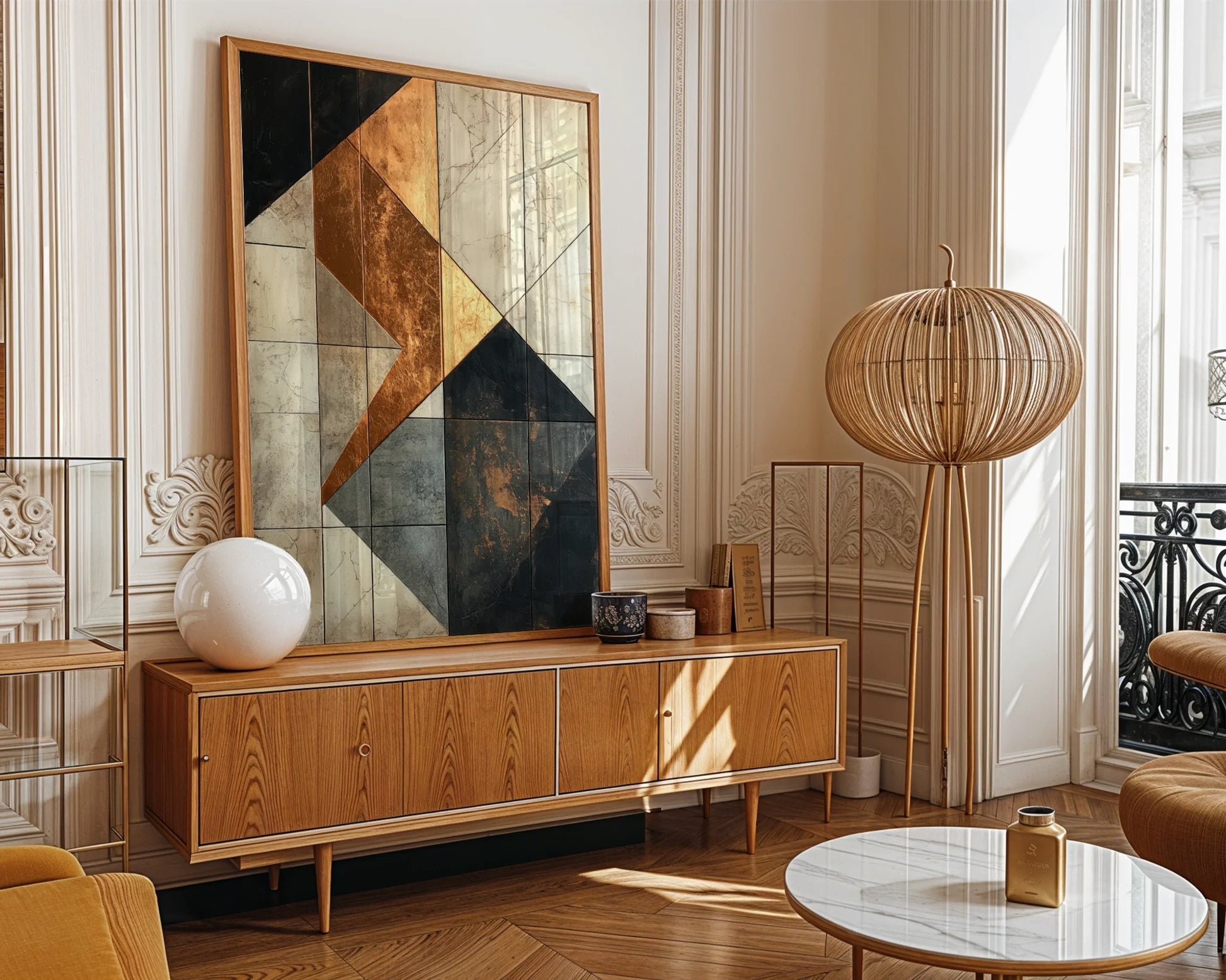 Geometric Marble Copper Abstract Suspended Fragments Art in room