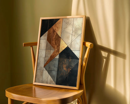 Geometric Marble Copper Abstract Suspended Fragments Canvas Art — Elegant home interior displaying neutral toned angular artwork for timeless decor aesthetics