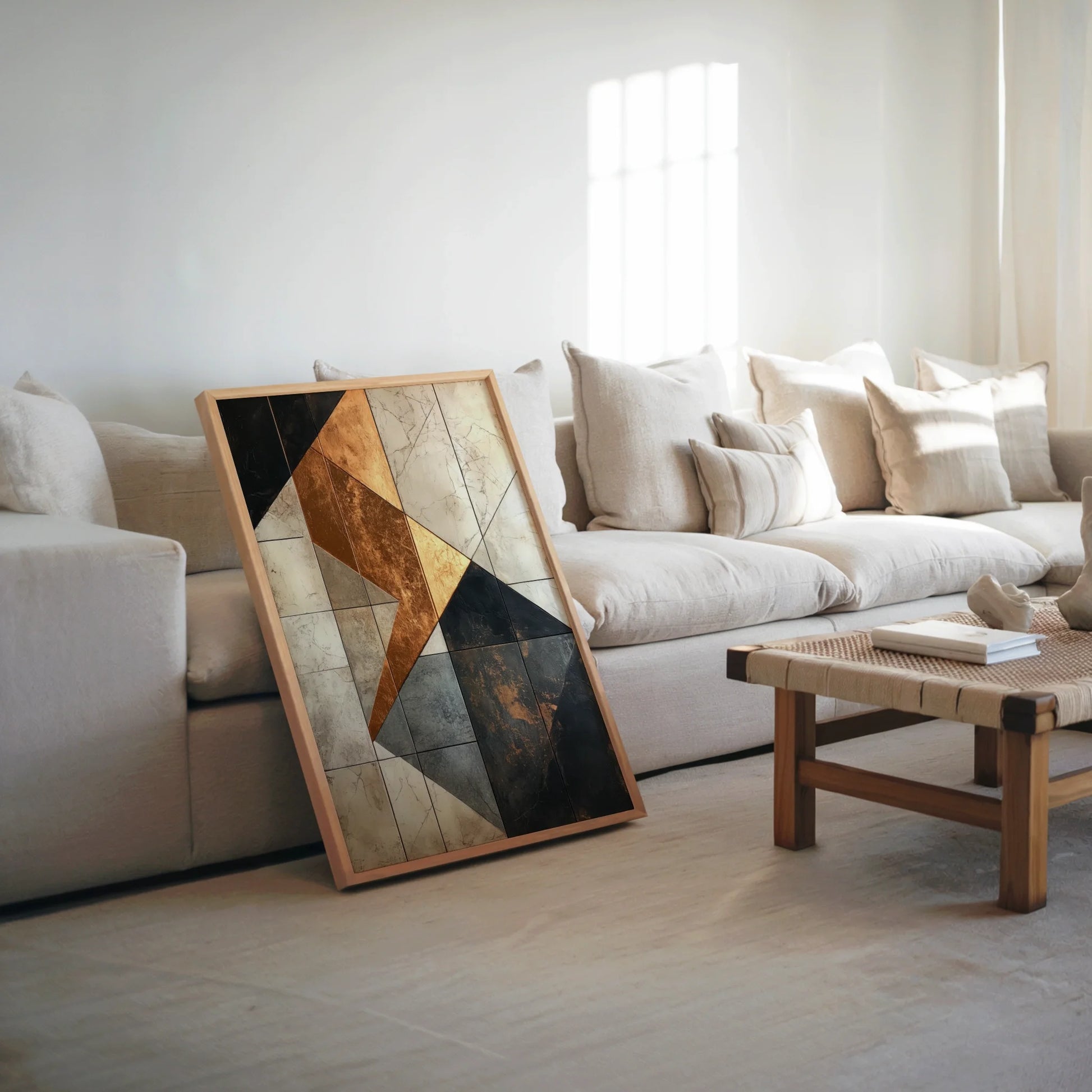 Geometric Marble Copper Abstract Suspended Fragments Canvas Art — Designer living room featuring tactile surface canvas artwork for elevated interior design