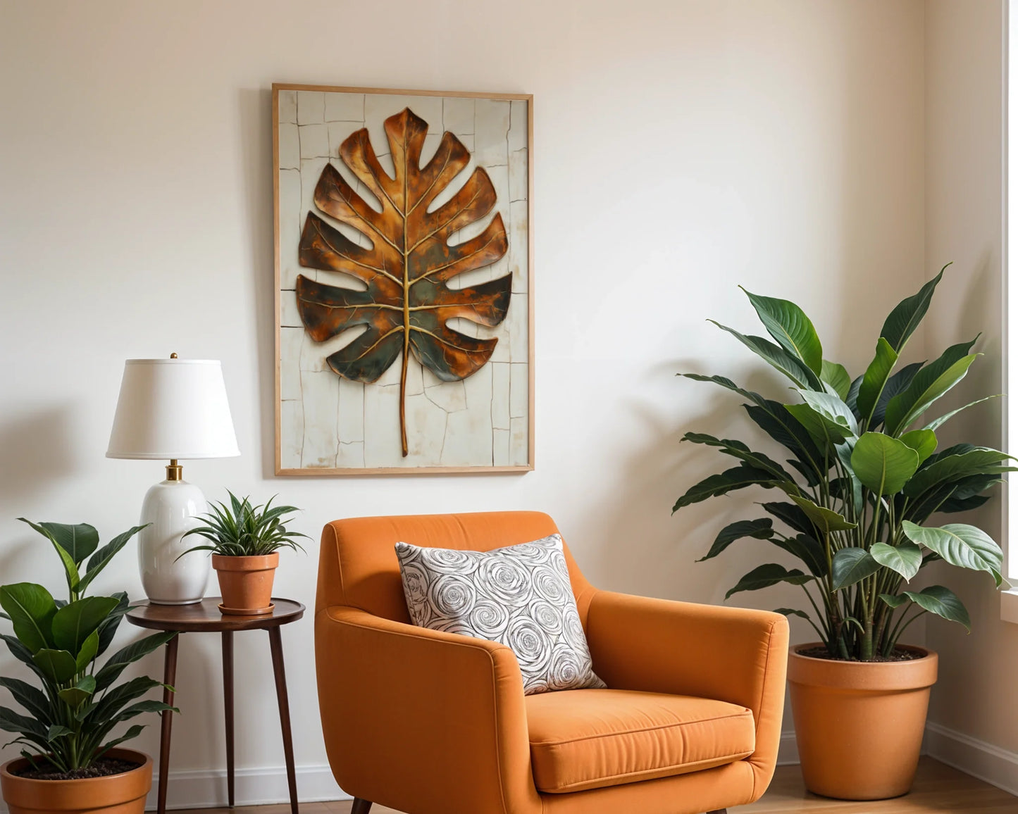 Monstera Leaf Metal Patina Segmented Botanical in room