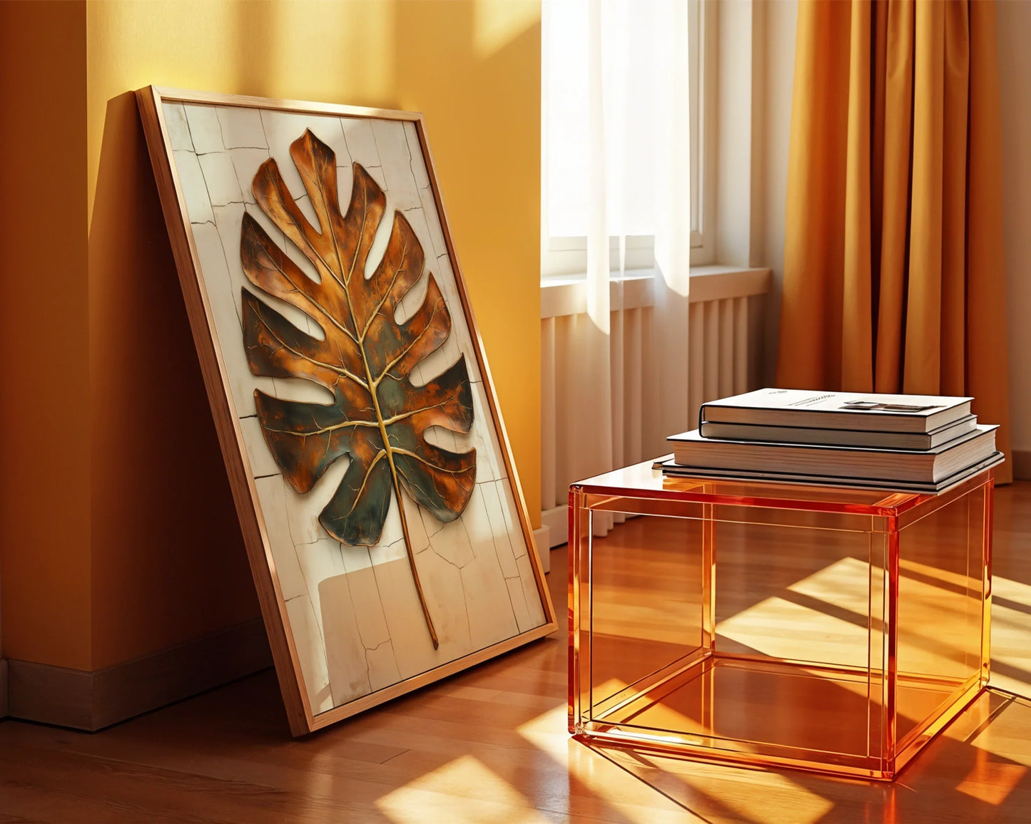 Monstera Leaf Metal Patina Segmented Botanical in room
