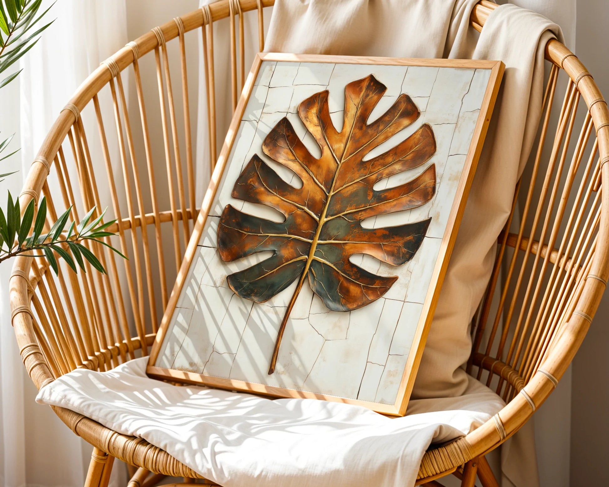 Monstera Leaf Metal Patina Segmented Botanical in room