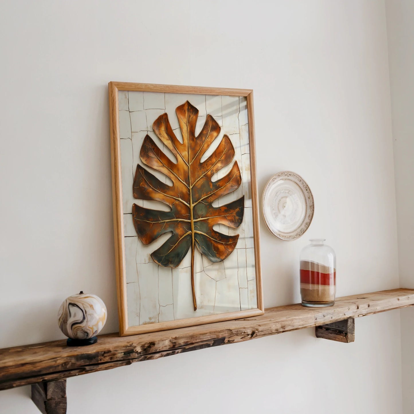 Monstera Leaf Metal Patina Segmented Botanical in room