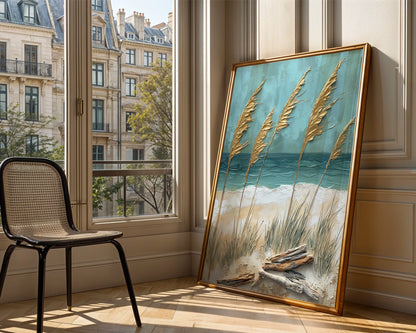 Pampas Grass Beach Driftwood Coastal Canvas Wall Art — Seaside meadow artwork featuring swaying dried reeds and sun-bleached timber for contemporary interiors