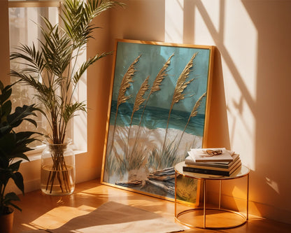 Pampas Grass Beach Driftwood Coastal Canvas Wall Art — Maritime home accent displaying flowing wetland grasses swept by sea breezes in living room setting