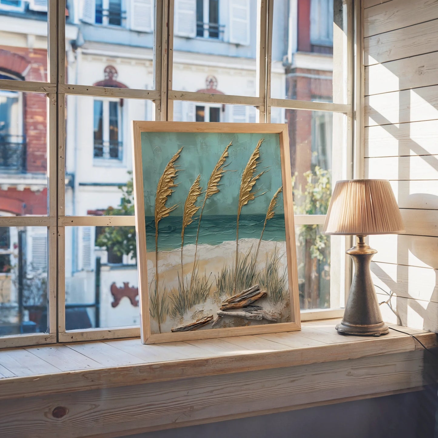 Pampas Grass Beach Driftwood Coastal Canvas Wall Art — Muted teal and amber tones blend across textured surface showing windswept shoreline vegetation