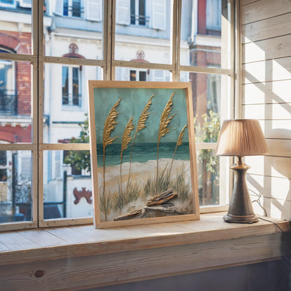 Pampas Grass Beach Driftwood Coastal Canvas Wall Art — Muted teal and amber tones blend across textured surface showing windswept shoreline vegetation