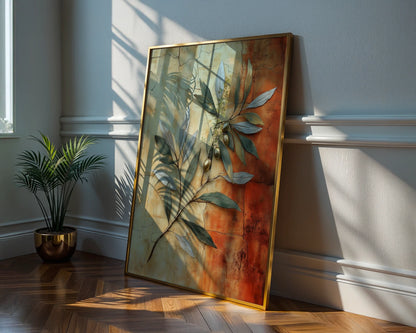 Mediterranean Olive Branch Cracked Fresco Canvas Wall Art — Relaxed bohemian canvas featuring delicate plant silhouette on weathered backdrop for free-spirited spaces