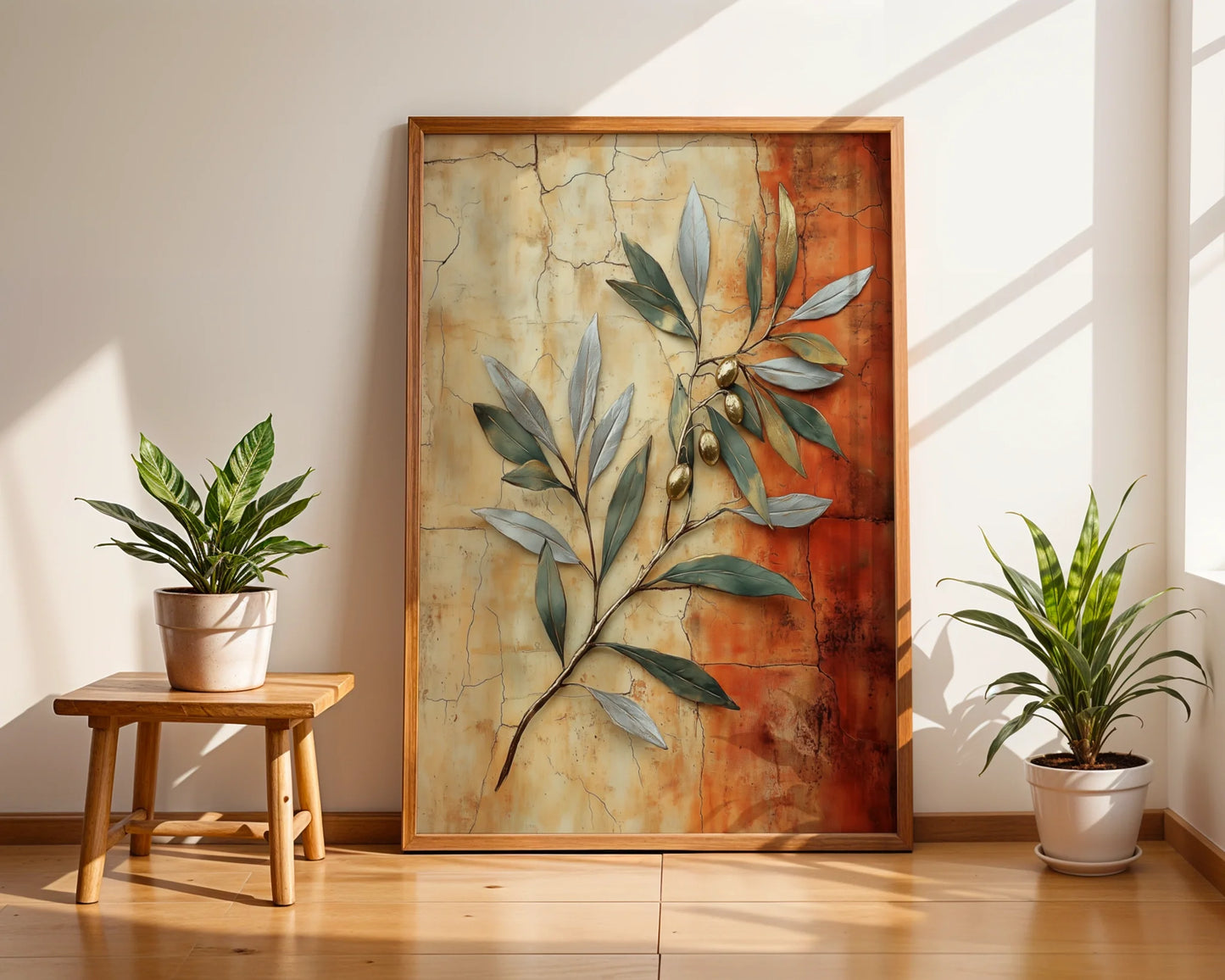 Mediterranean Olive Branch Cracked Fresco in room