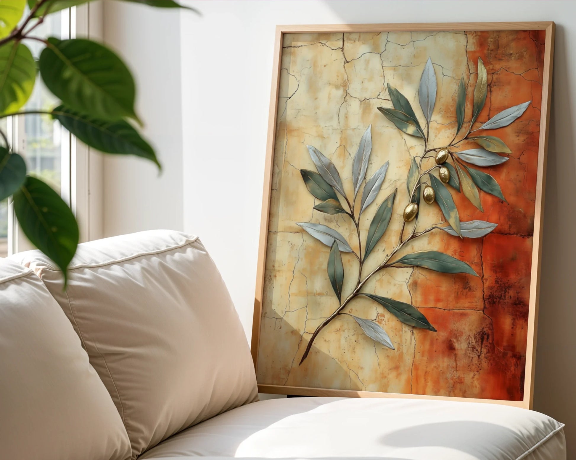 Mediterranean Olive Branch Cracked Fresco in room