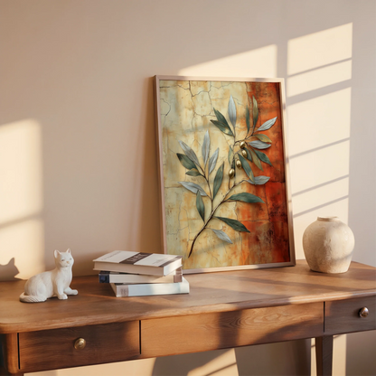 Mediterranean Olive Branch Cracked Fresco Canvas Wall Art — Coastal canvas art highlighting natural branch design on sun-faded background for relaxed home vibes