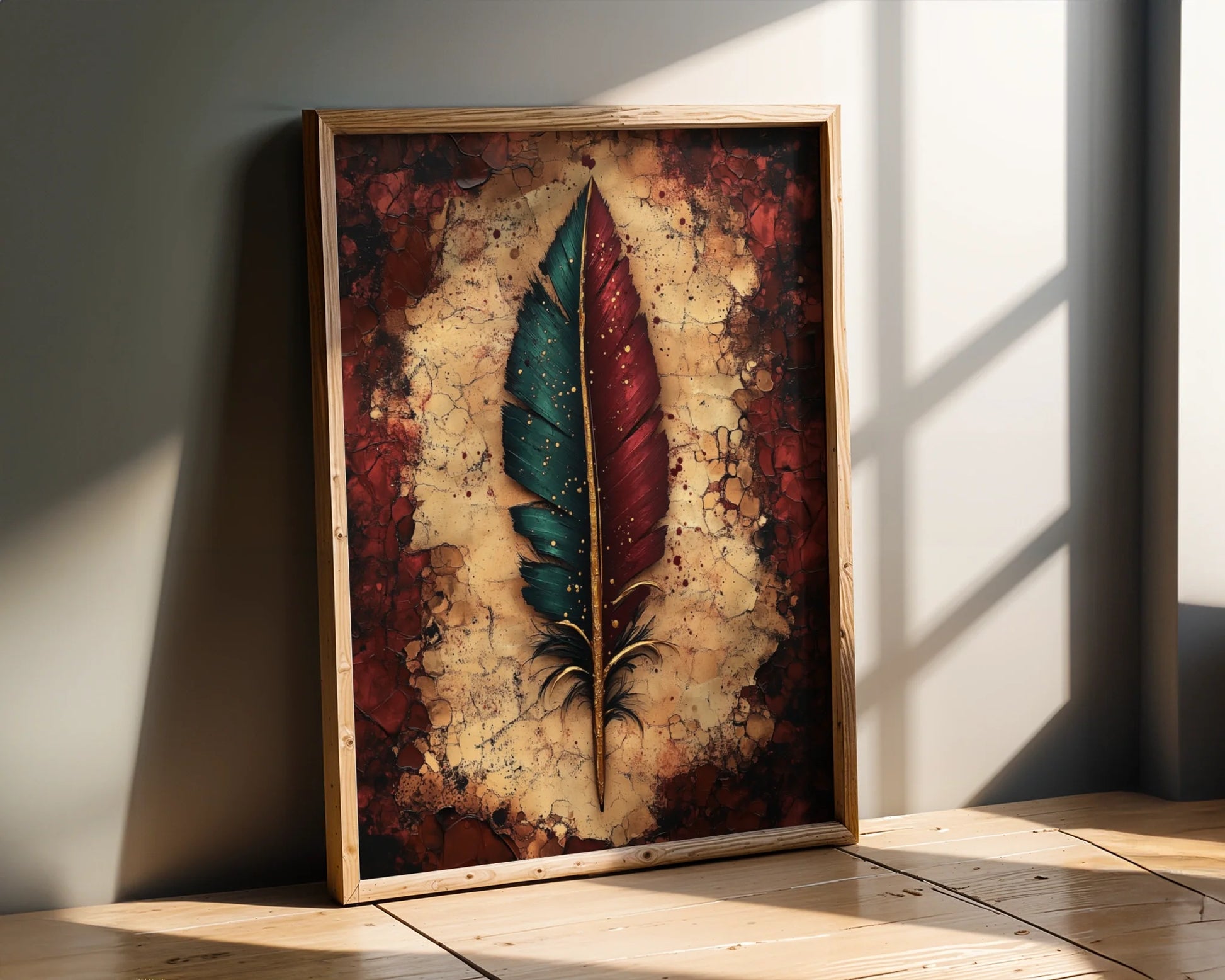Feather Art Cracked Amber Teal Dark Academia in room