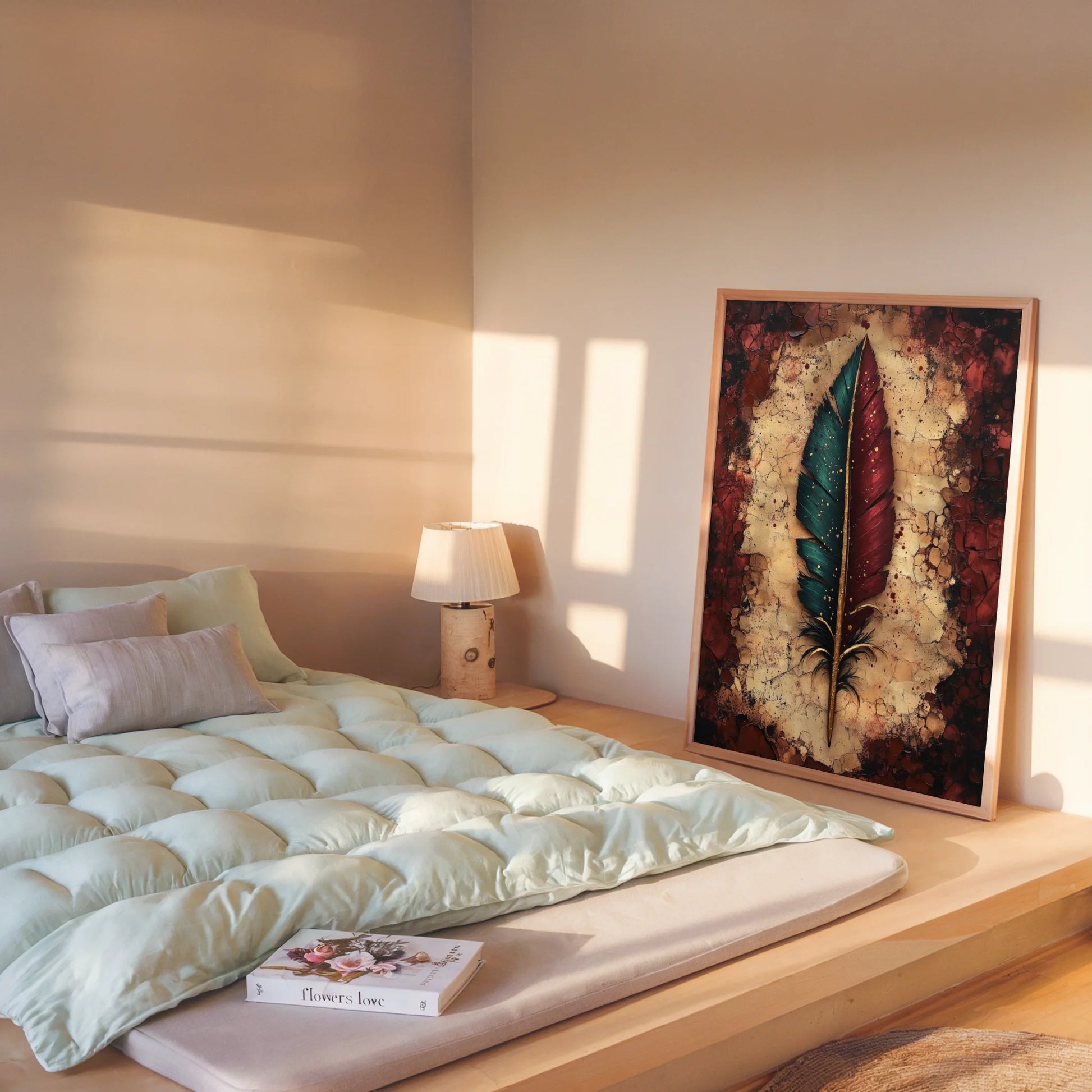 Feather Art Cracked Amber Teal Dark Academia in room
